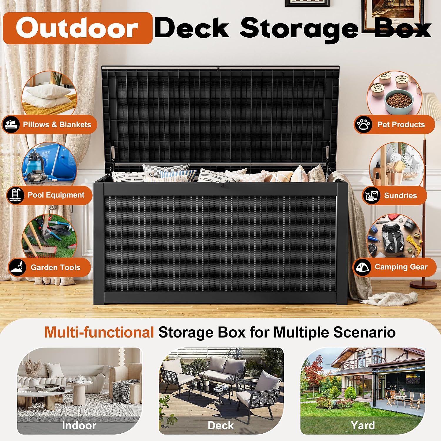 Outdoor Storage Deck Boxes Waterproof, Waterproof and UV Resistant Outdoor Storage Box Lockable Lid for Delivery Box, Indoor, Garden Tools, Pool Supplies, Patio (Black, 300 Gallon)