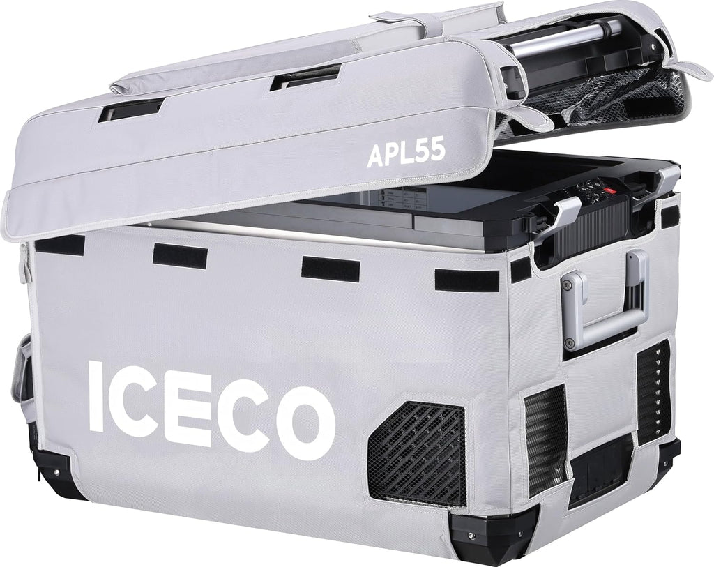 ICECO APL55 12Volt Car Refrigerator, 58Qt Dual Zone Portable Freezer Powered by SECOP, APP Connect, -4℉~68℉, DC 12/24V, AC 110-240V, 12v Fridge Freezer for Outdoor, Car, Travel |Black + Insulation Bag