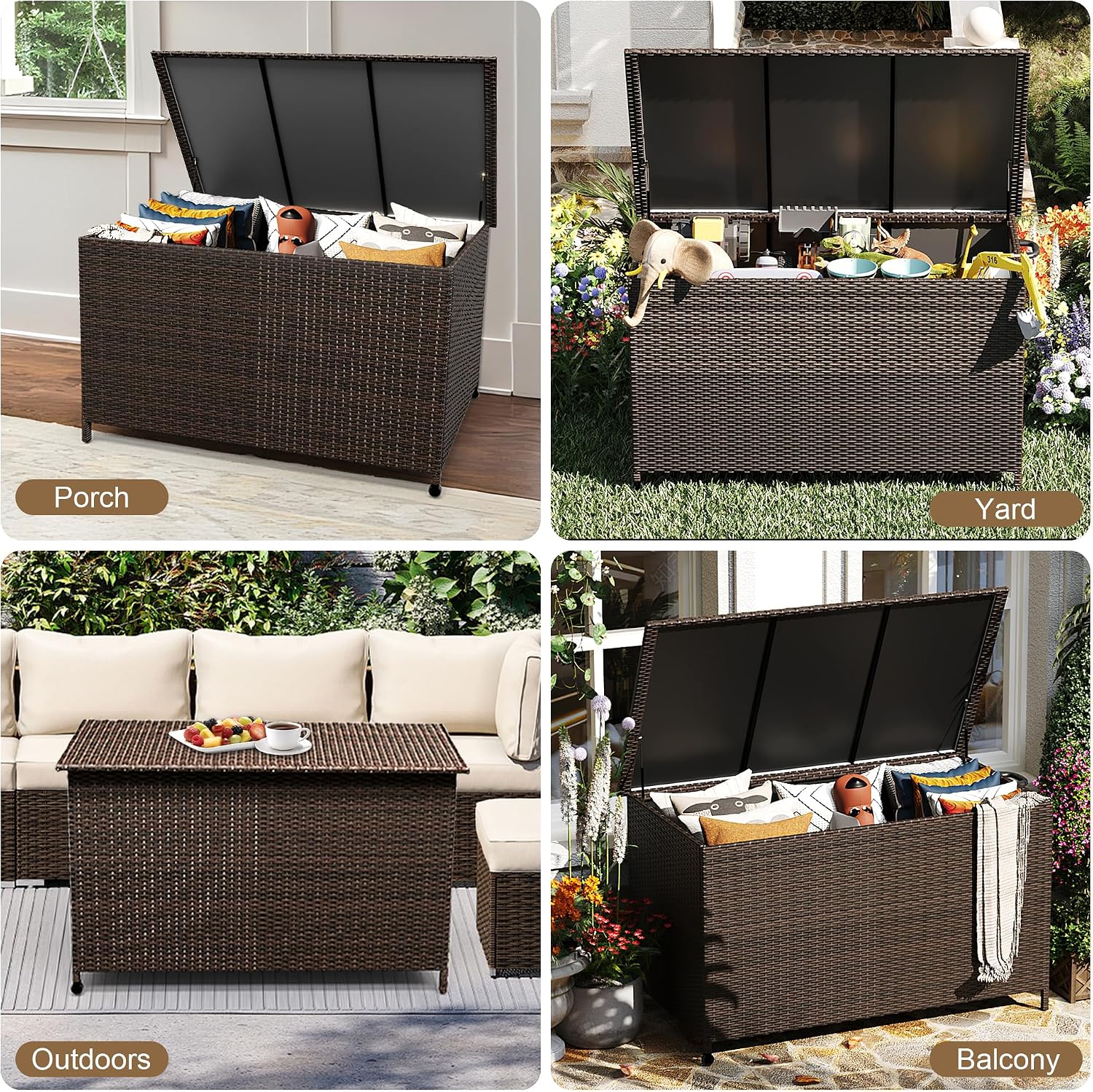 185 Gallon Outdoor Storage Box with Wheels - Large Wicker Rattan Deck Box for Patio Cushions, Garden Tools, Pool Floats & Pillows, All-Weather Patio Furniture Storage, Brown