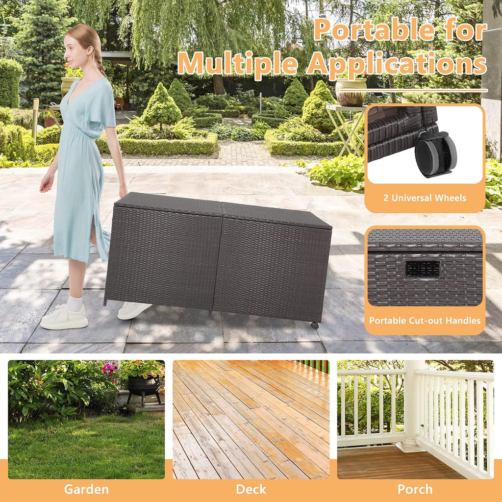 HAPPYGRILL 175 Gallon Outdoor Rattan Deck Box, Wicker Storage Bin with Zippered Liner & 2 Universal Wheels, Safe Pneumatic Rod, Patio Rattan Storage Container for Cushions Pillows