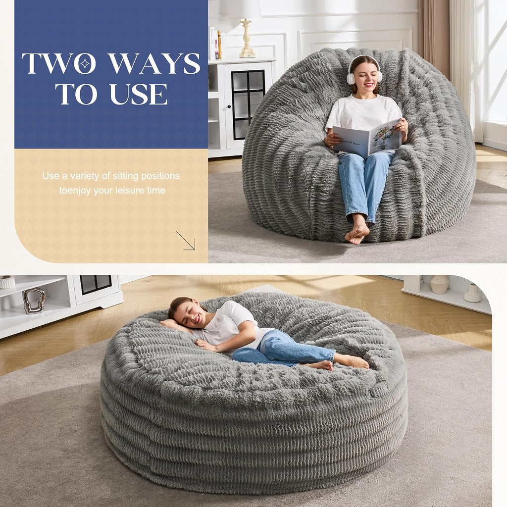 Hobestluk Bean Bag Chairs Beanbag Chair with Filler Adult Bean Bags with Fluffy Ripple Cover, Giant Bean Bag Chairs for Adults (Grey, 6FT - 70' x 70' x 15')