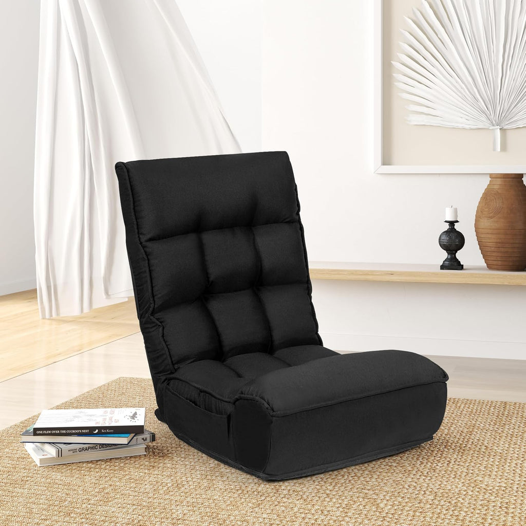 KOMFOTT Folding Floor Chair for Adults, Floor Gaming Chair with 5-Position Adjustable Headrest & 4-Position Adjustable Backrest, Side Pocket, Floor Seating Lazy Sofa for Reading, Meditating, Black