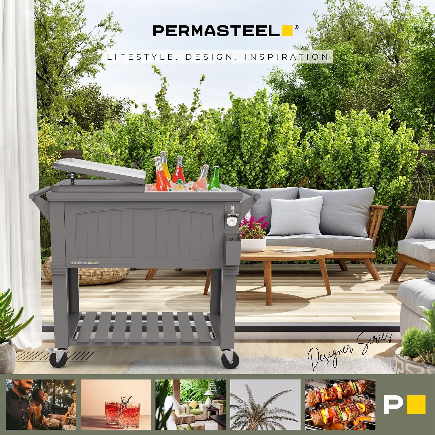 Permasteel Party Cooler with Divider, Spacious 80-Qt Capacity, Chills 36hrs, Serving Tray, Rolling Ice Chest for Indoor and Outdoor Entertainment, Matte Gray