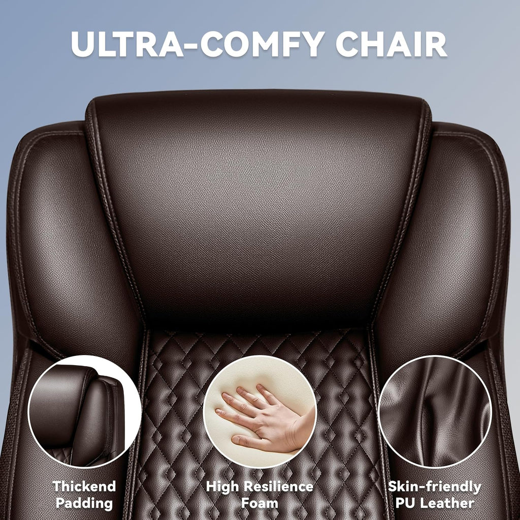 X-Large Office Chair 500 Lbs Capacity, Ergonomic PU Leather Executive Chair with Lumbar Support & Quiet Rubber Wheels, Comfy Heavy Duty Desk Chairs for Heavy People, Brown