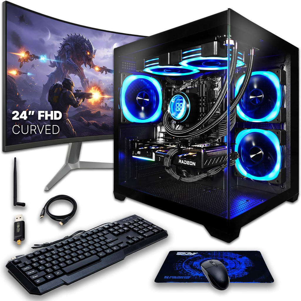 SAAV Drex Prebuilt Gaming PC Bundle Desktop Tower Intel Core i5-12400F GeForce RTX 3050 6GB GDDR6 Curved 24in Monitor 16GB DDR4 512GB NVMe SSD WiFi 6 Windows 11 Black RGB Computer PC Gaming