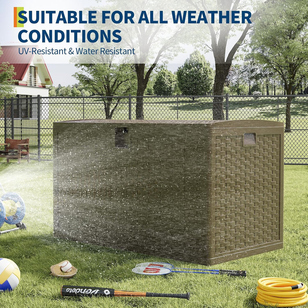 120 Gallon Indoor & Outdoor Storage Box, Lockable Resin Deck Boxes Waterproof with Lid& Side Handles for Garden Pool Accessories, Patio Cushions, Backyard Furniture,Brown.