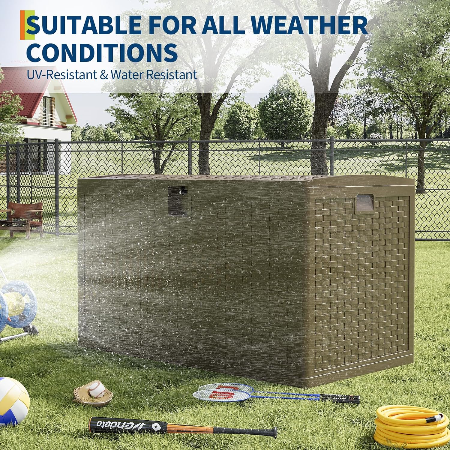 120 Gallon Indoor & Outdoor Storage Box, Lockable Resin Deck Boxes Waterproof with Lid& Side Handles for Garden Pool Accessories, Patio Cushions, Backyard Furniture,Brown.