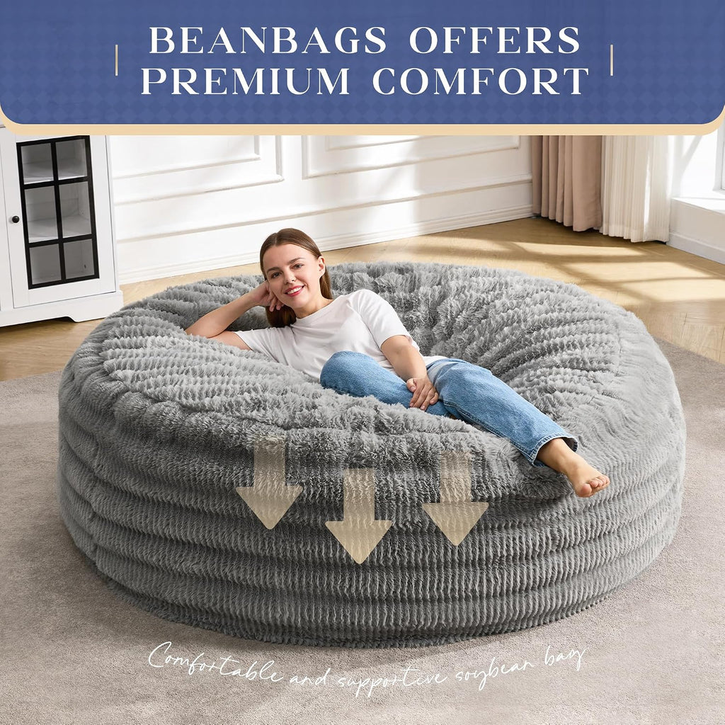 Hobestluk Bean Bag Chairs Beanbag Chair with Filler Adult Bean Bags with Fluffy Ripple Cover, Giant Bean Bag Chairs for Adults (Grey, 6FT - 70' x 70' x 15')