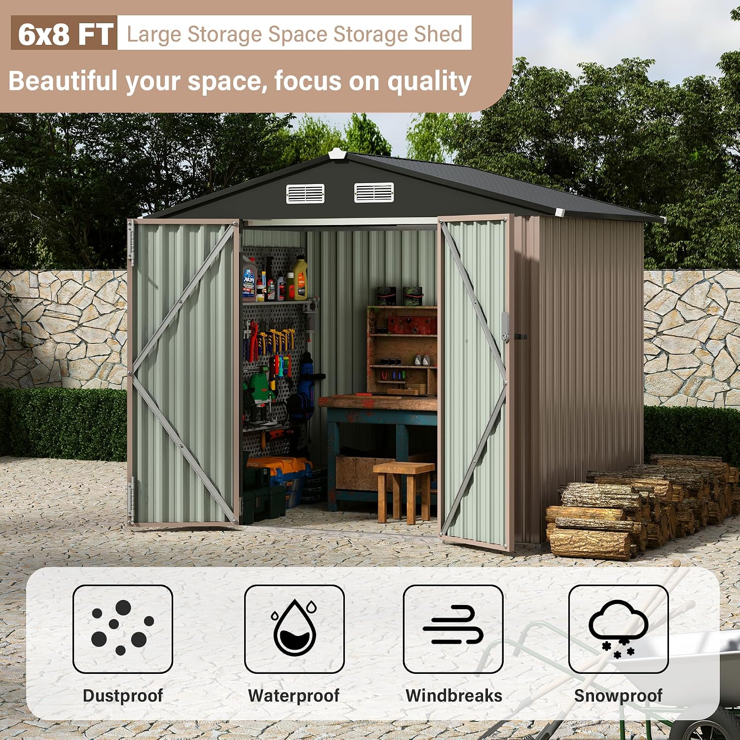 6X8 FT Metal Storage Sheds Outdoor, Metal Yard Sheds Garden Shed Kit, Tool Shed with Lockable Door, Utility Sheds Buildings with Air Vent for Backyard Garden Patio Lawn