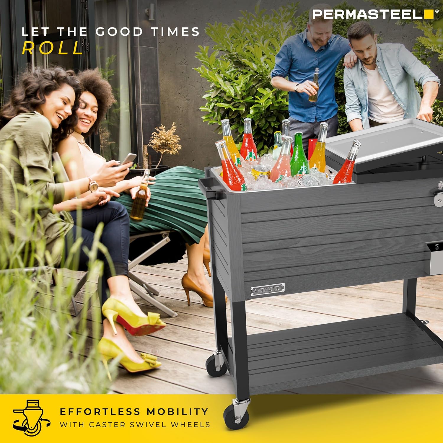Permasteel 80 Quart Party Cooler, Rolling Ice Chest with Wheels and Handles for Indoor Outdoor Patio