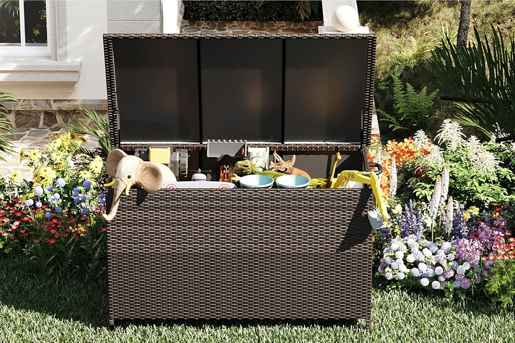 185 Gallon Outdoor Storage Box with Wheels - Large Wicker Rattan Deck Box for Patio Cushions, Garden Tools, Pool Floats & Pillows, All-Weather Patio Furniture Storage, Brown