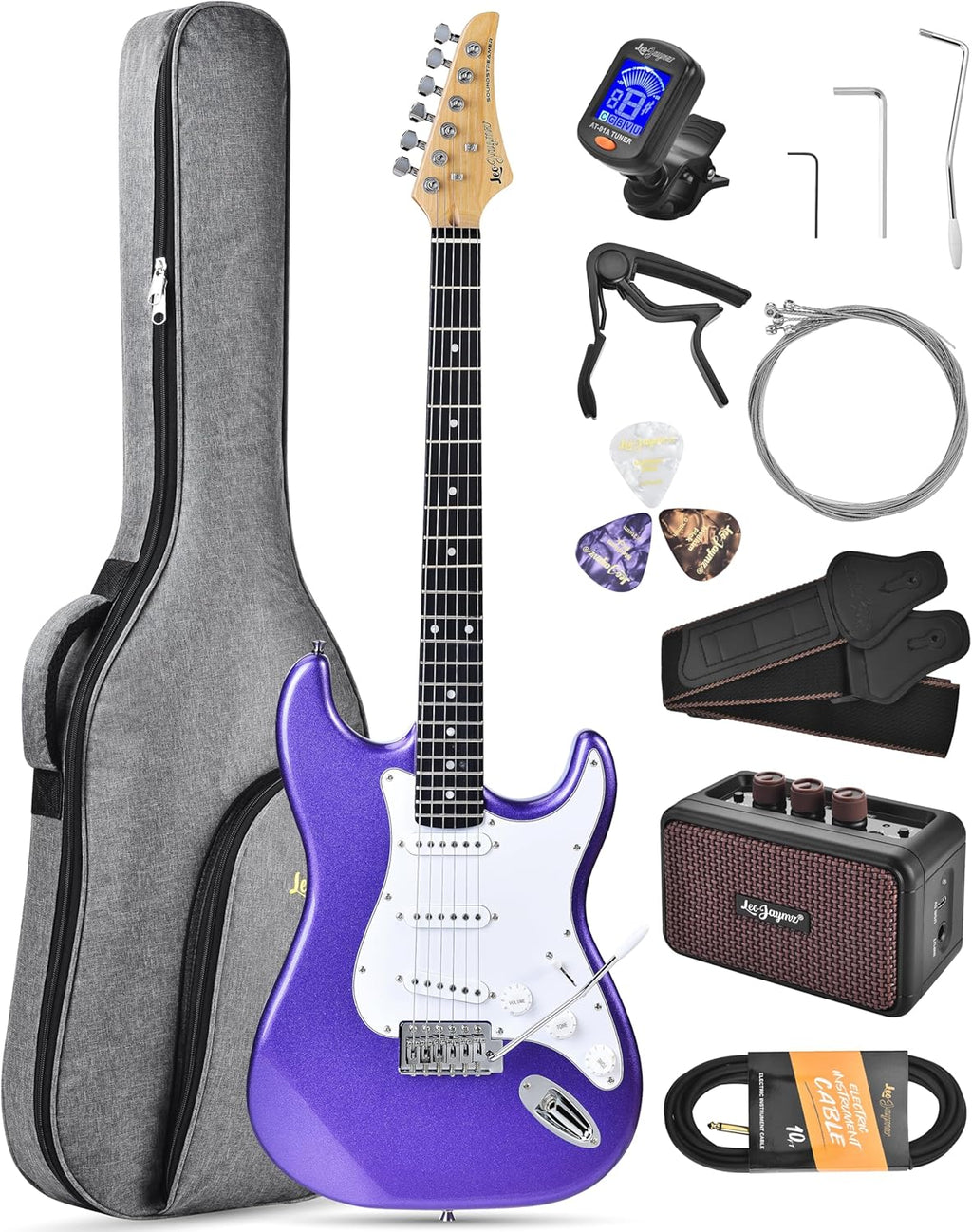 Leo Jaymz Beginner Electric Guitar Complete Kit with Portable Amp, Padded Gig Bag & Full Accessories, Maple Neck SSS Pickups(Purple)