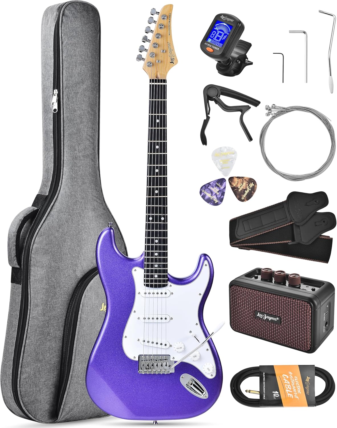 Leo Jaymz Beginner Electric Guitar Complete Kit with Portable Amp, Padded Gig Bag & Full Accessories, Maple Neck SSS Pickups(Purple)
