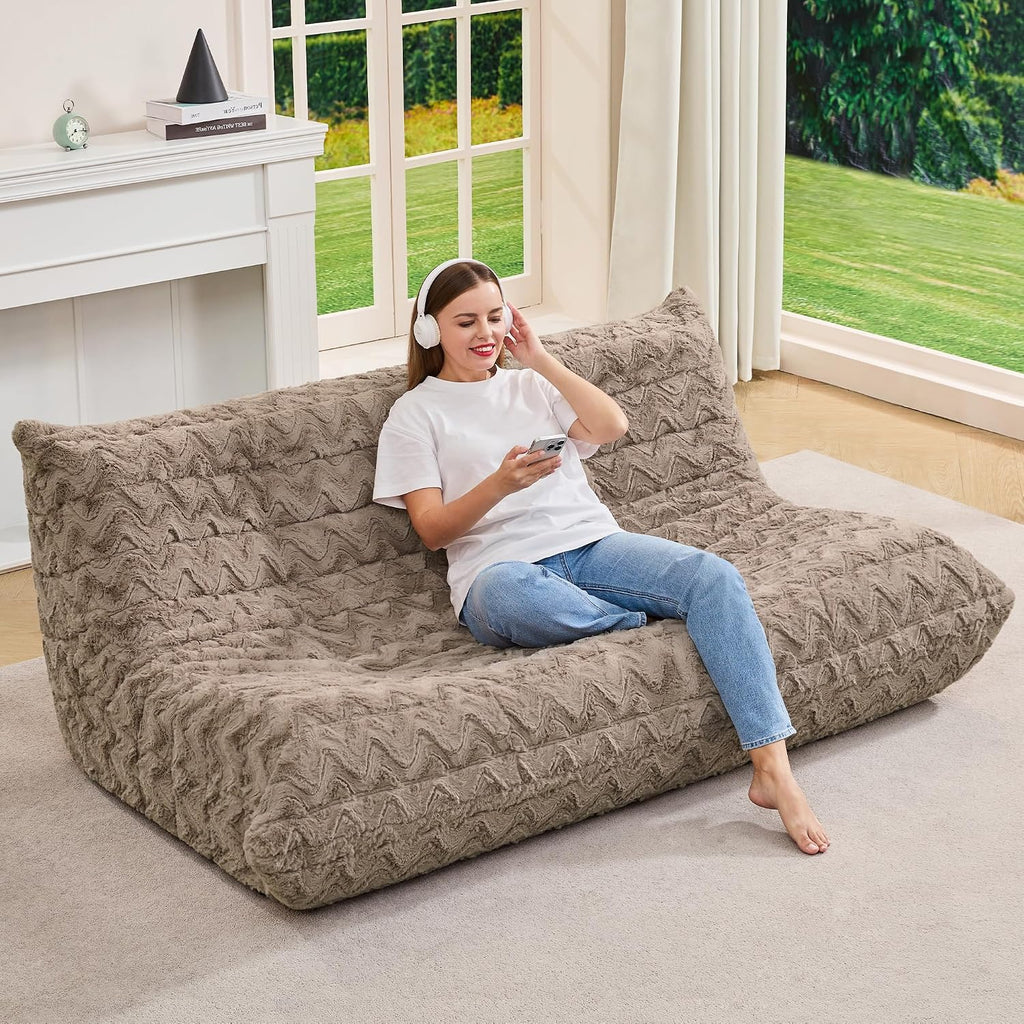Bean Bag Chairs for Adults Giant Bean Bag Chair Memory Foam BeanBag Chair Bean Bag Sofa with Filler Faux Fur Fireside Beanbags Lazy Sofa for Living Room Bedroom Office (Brown Chevron, 3-Seater)