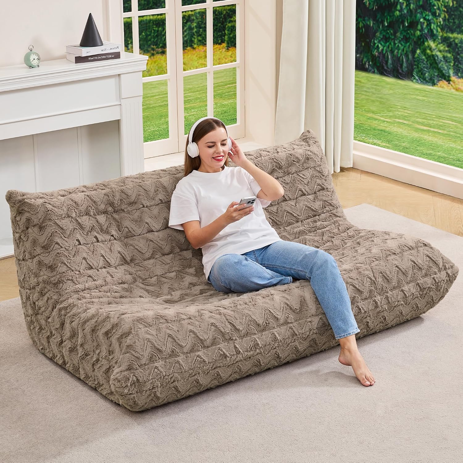 Bean Bag Chairs for Adults Giant Bean Bag Chair Memory Foam BeanBag Chair Bean Bag Sofa with Filler Faux Fur Fireside Beanbags Lazy Sofa for Living Room Bedroom Office (Brown Chevron, 3-Seater)