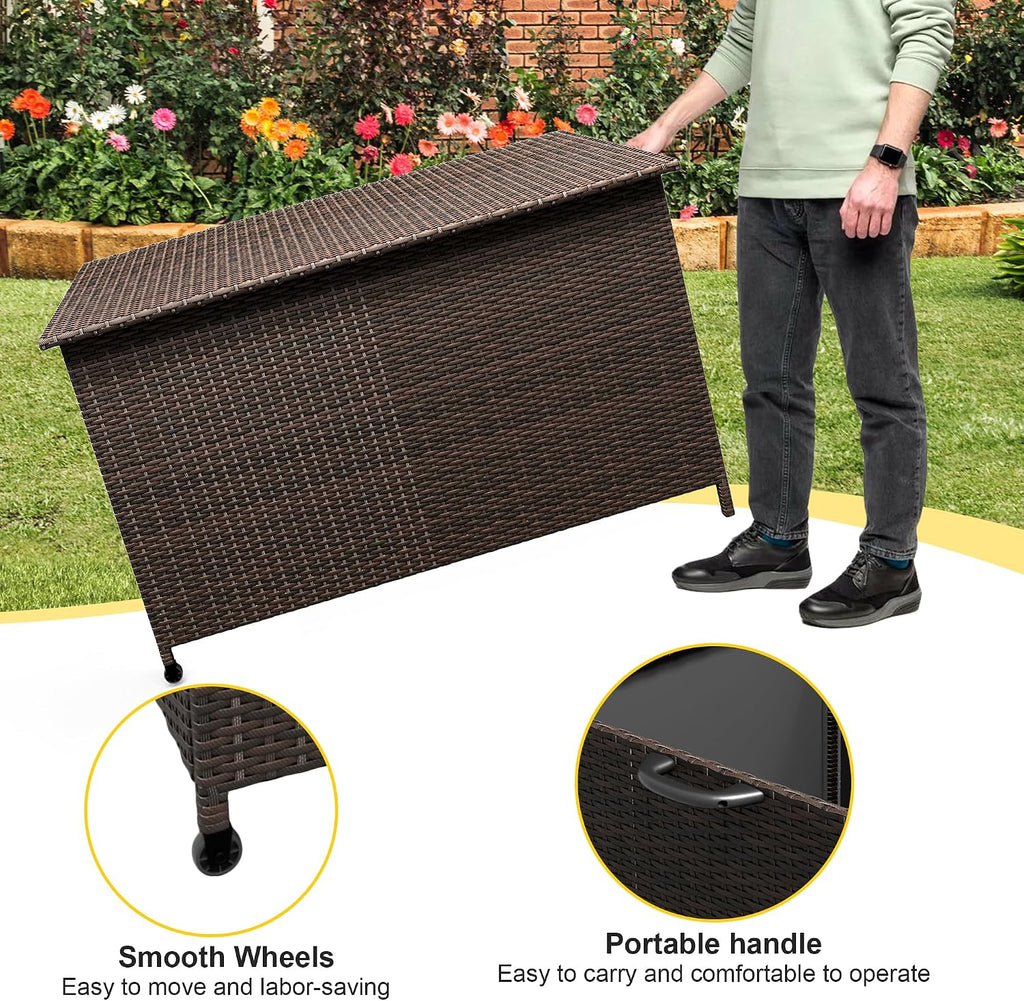 185 Gallon Outdoor Storage Box with Wheels - Large Wicker Rattan Deck Box for Patio Cushions, Garden Tools, Pool Floats & Pillows, All-Weather Patio Furniture Storage, Brown