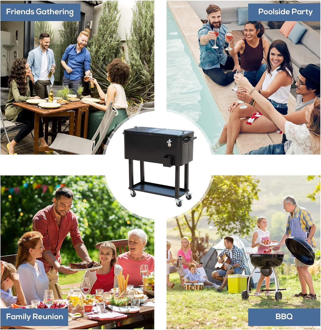 Outsunny 80 QT Rolling Cooling Bins Ice Chest on Wheels Outdoor Stand Up Drink Cooler Cart for Party, Black