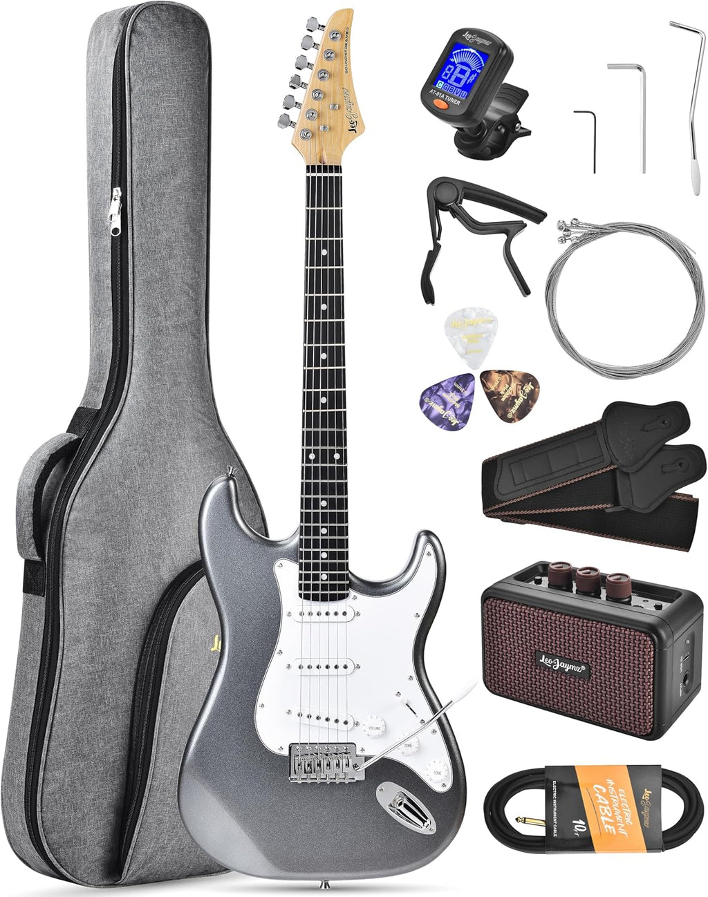 Leo Jaymz Beginner Electric Guitar Complete Kit with Portable Amp, Padded Gig Bag & Full Accessories, Maple Neck SSS Pickups (Gray)