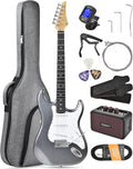 Leo Jaymz Beginner Electric Guitar Complete Kit with Portable Amp, Padded Gig Bag & Full Accessories, Maple Neck SSS Pickups (Gray)