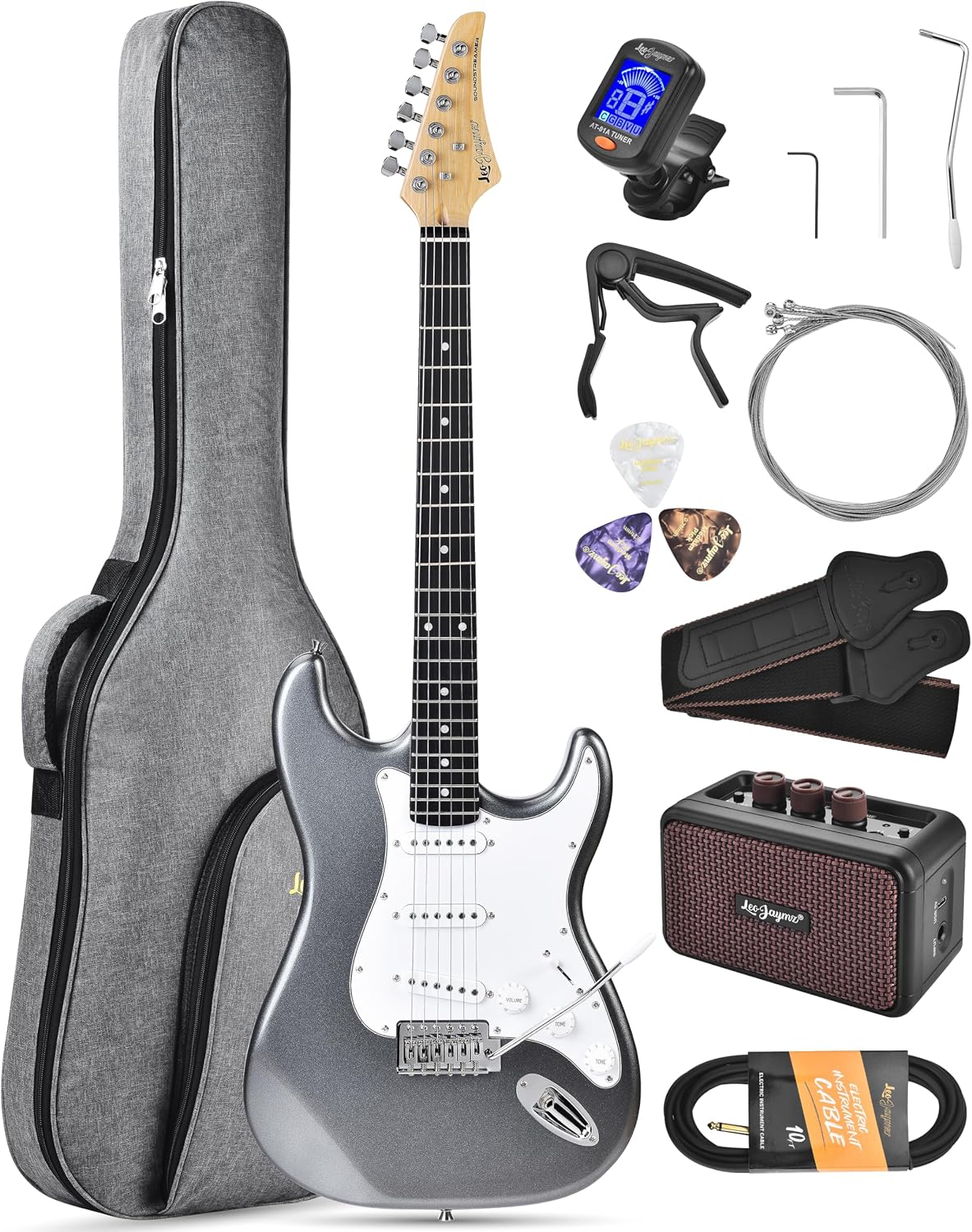 Leo Jaymz Beginner Electric Guitar Complete Kit with Portable Amp, Padded Gig Bag & Full Accessories, Maple Neck SSS Pickups (Gray)