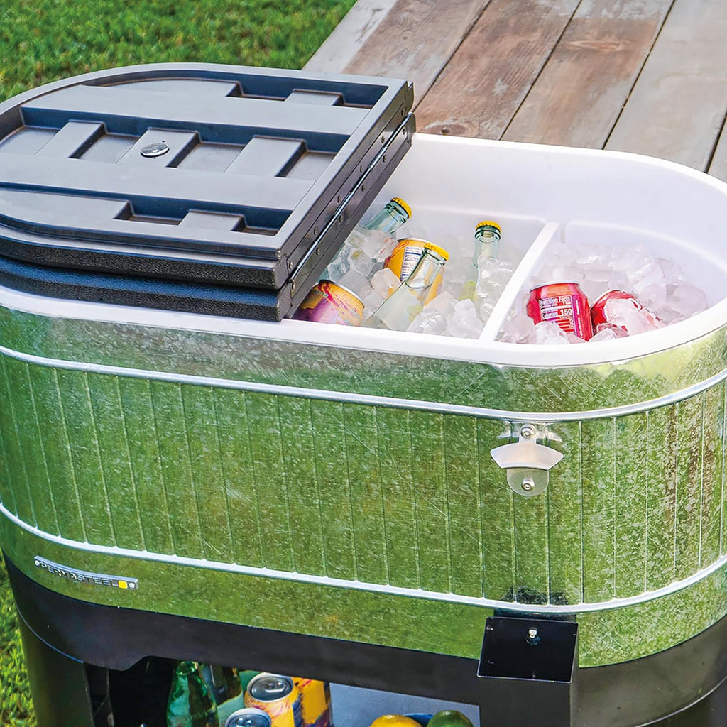 Permasteel Rolling Patio Cooler – Large Outdoor Ice Chest with Wheels, Beverage Cooler for Backyard, BBQ, Tailgate, Beach, Parties, Rustic Farmhouse Design