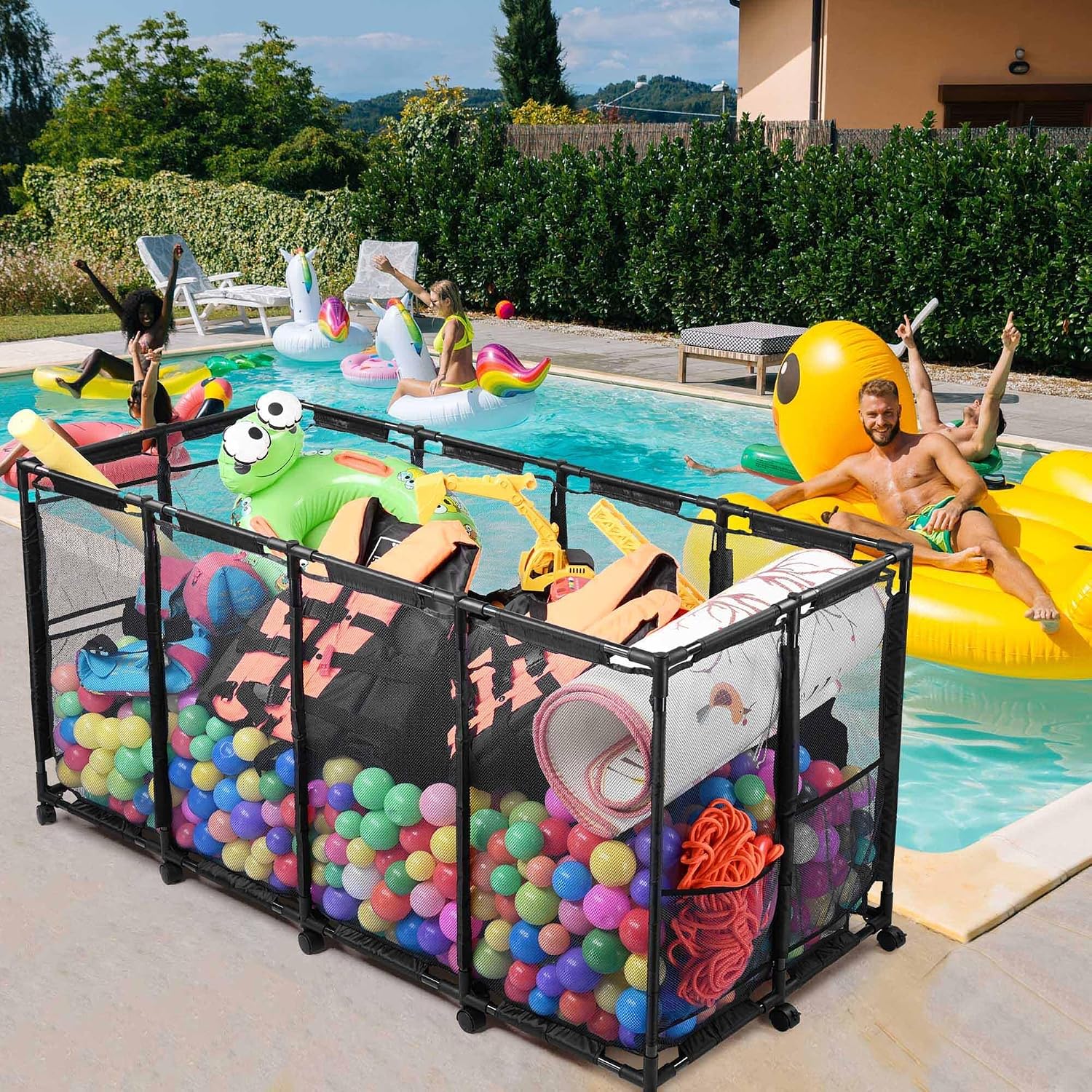Yescom 280 Gallon Pool Float Storage Bin Basket with Blue Mesh Cover Replacement Net for Toy Raft Noodles Outdoor 65'x 30'x 33' Metal Frame 12 Wheels Rolling Organizer Cart