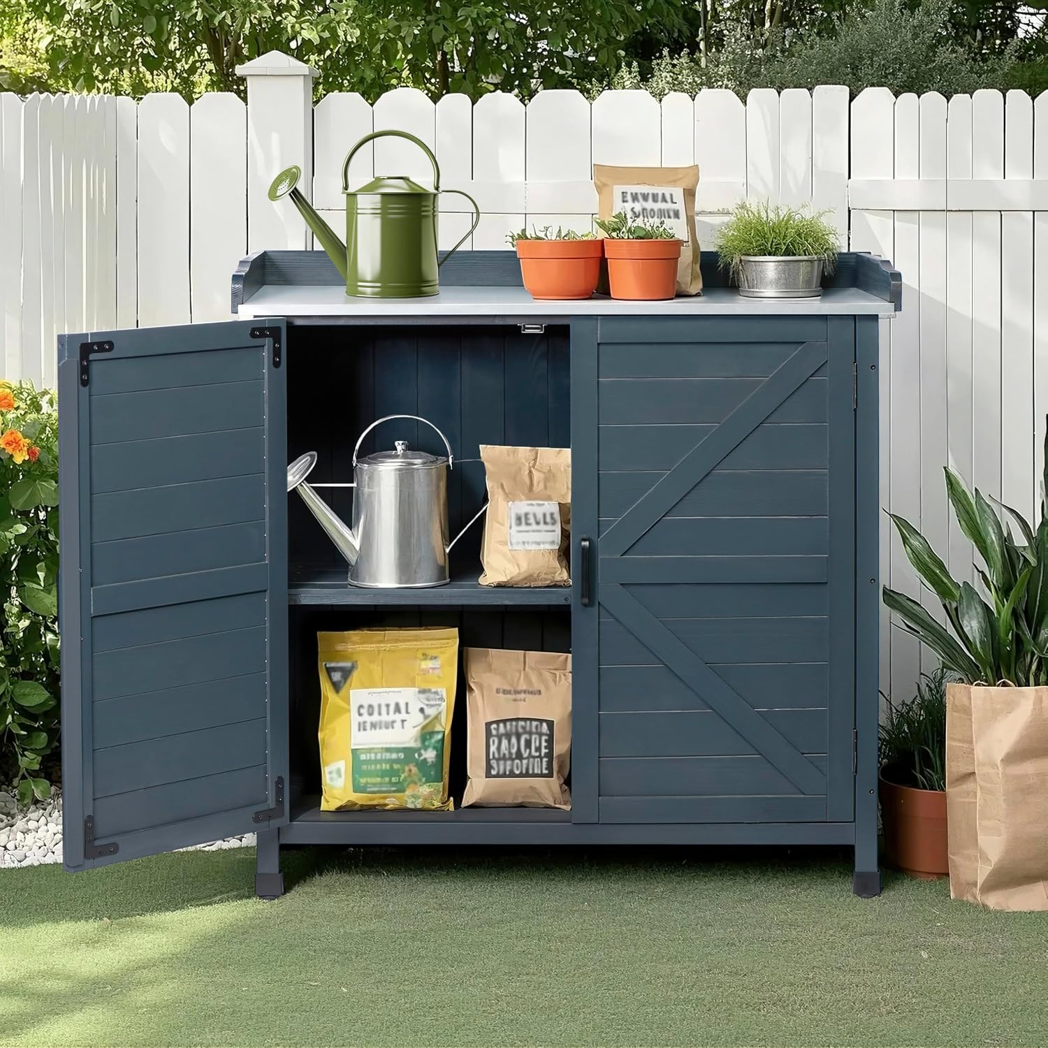 HABAU Outdoor Potting Bench with Storage Cabinet & Metal Tabletop, Wooden Garden Workstation for Patio, Weatherproof