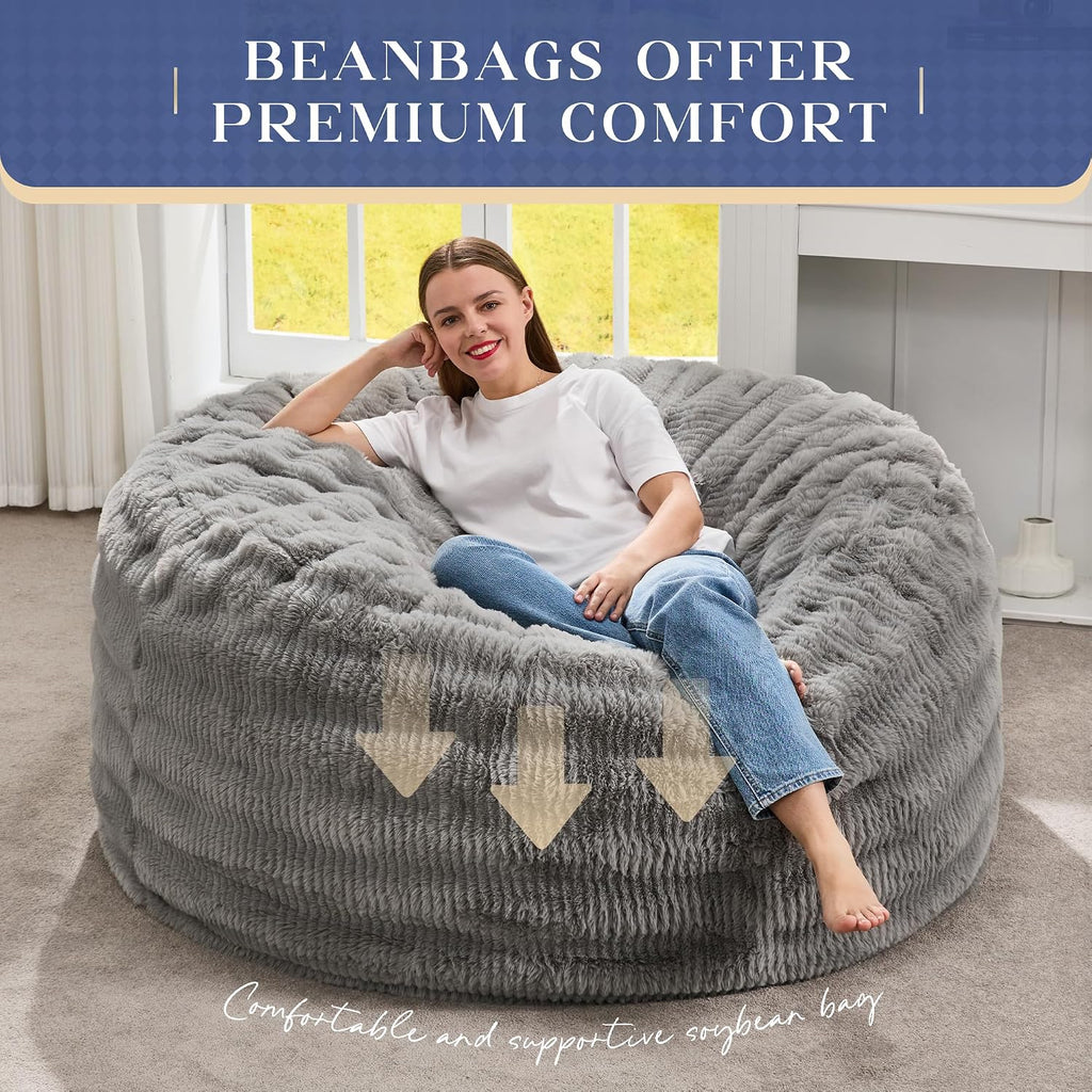Hobestluk Bean Bag Chairs Beanbag Chair with Filler Adult Bean Bags with Fluffy Ripple Cover, Giant Bean Bag Chairs for Adults (Grey, 5FT - 50' x 50' x 24')