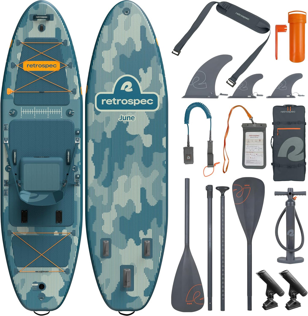 Retrospec June Inflatable Fishing Paddle Board 11'6' with Removable Seat – Puncture-Resistant Paddle Board for Fishing with Rod Holders, Non-Slip Deck Pad & Accessories