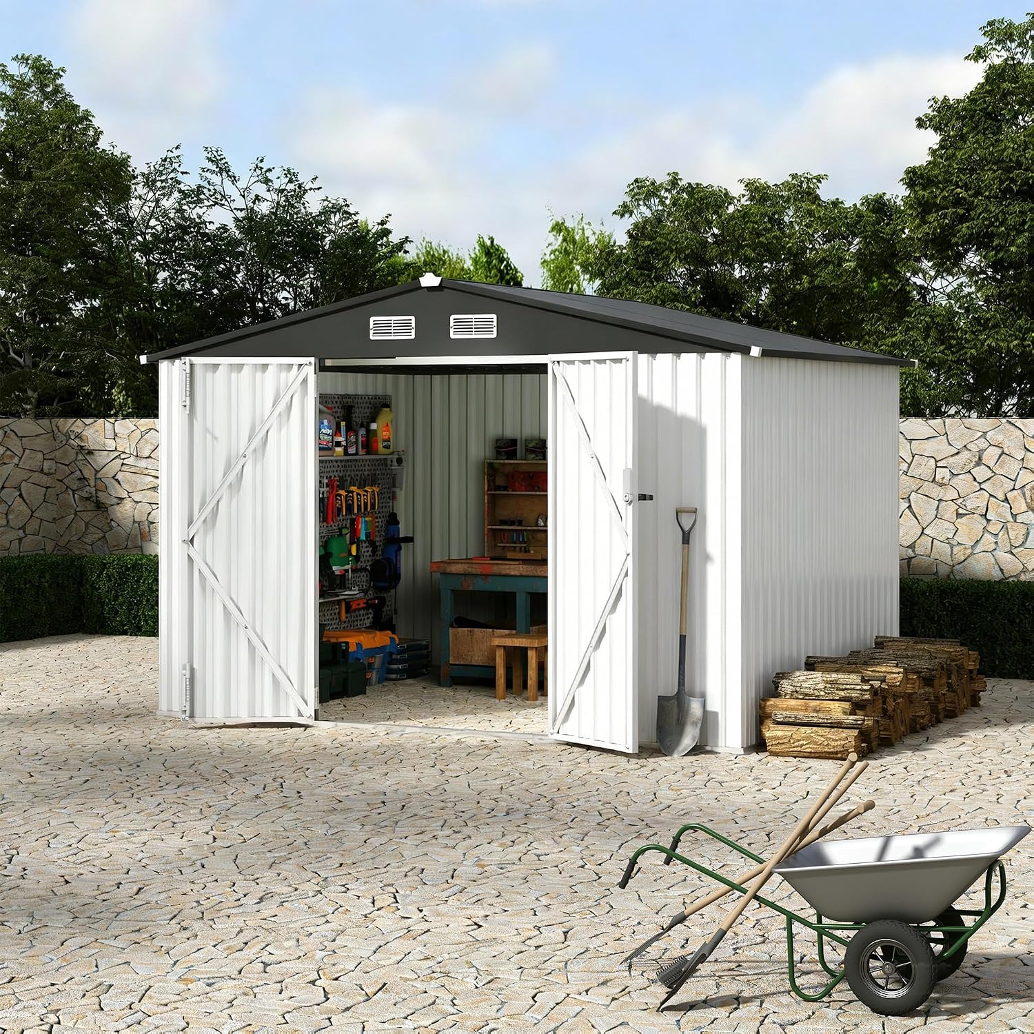 GarveeLife 6x8x6.4 Ft Outdoor Storage Sheds, Metal Garden Tool Shed for Backyard, Large Metal Sheds Outdoor Storage with Lockable Doors & Air Vents for Backyard Garden Patio Lawn