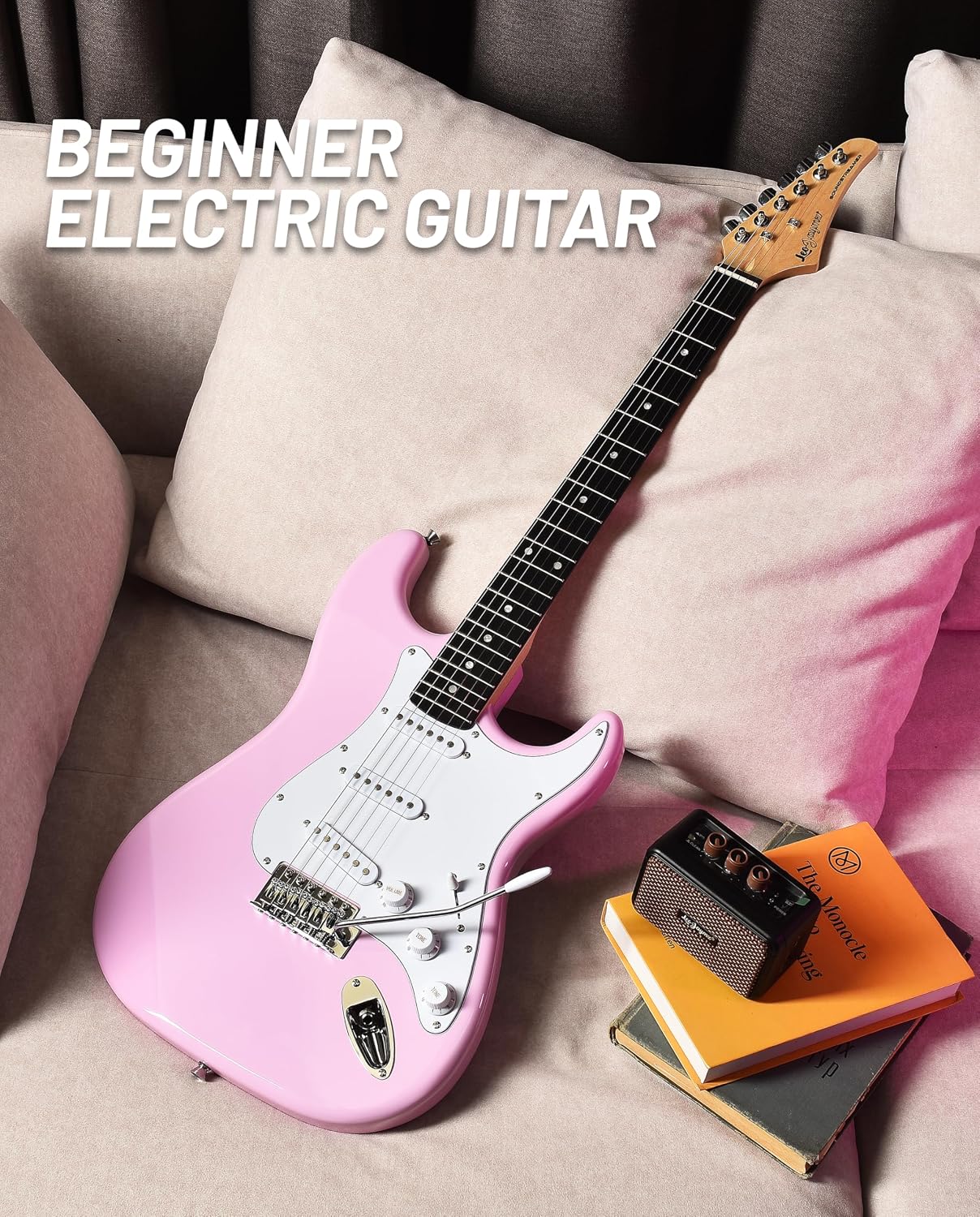 Leo Jaymz Beginner Electric Guitar Complete Kit with Portable Amp, Padded Gig Bag & Full Accessories, Maple Neck SSS Pickups (Pink)