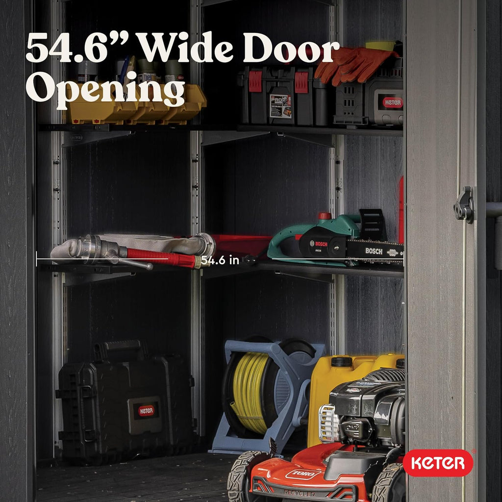 Keter Newton Plus 7.5x11 Ft All-Weather Storage Shed with Skylight, Window, Built-in Ventilation, Customizable Walls, & Lockable Double Doors, Graphite