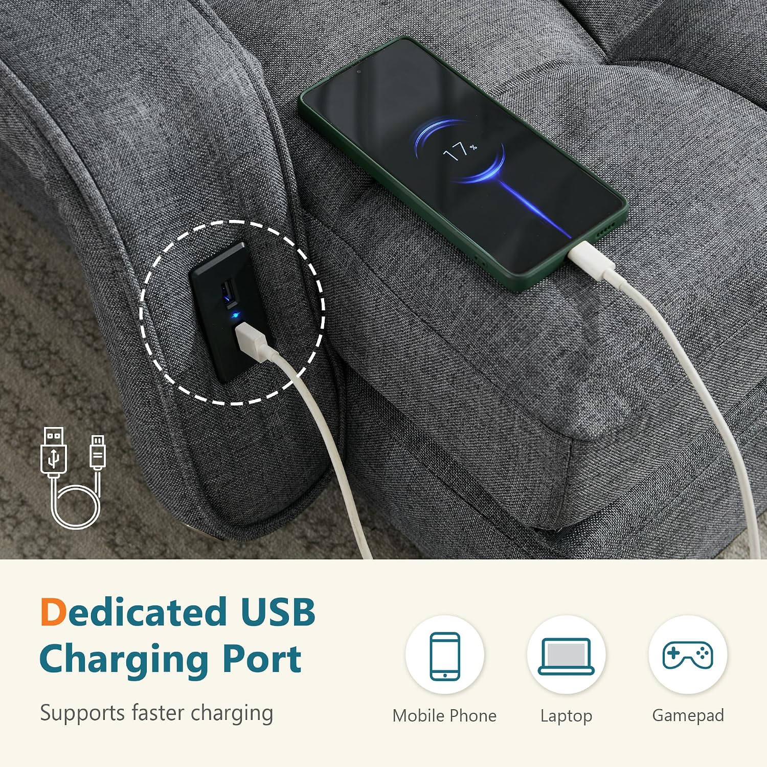 STHOUYN Comfy Floor Chair Bedroom 2 USB Charging Ports, 5-Position Couch Gaming Lounge Chairs Adults, Indoor Folding Lazy Sofa Meditation Arm Dorm Chair Living Room (Grey)