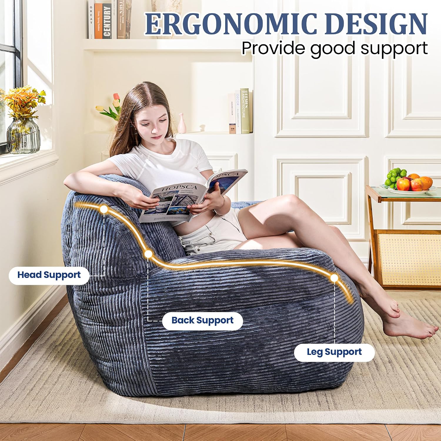 Giant Bean Bag Chair, Faux Fur Bean Bag Chairs for Adults, Fluffy and Comfy Bean Bag with Filler, Big Bean Bag Sofa Chair for Reading, Gaming, Stuffed High-Density Foam (Grey)
