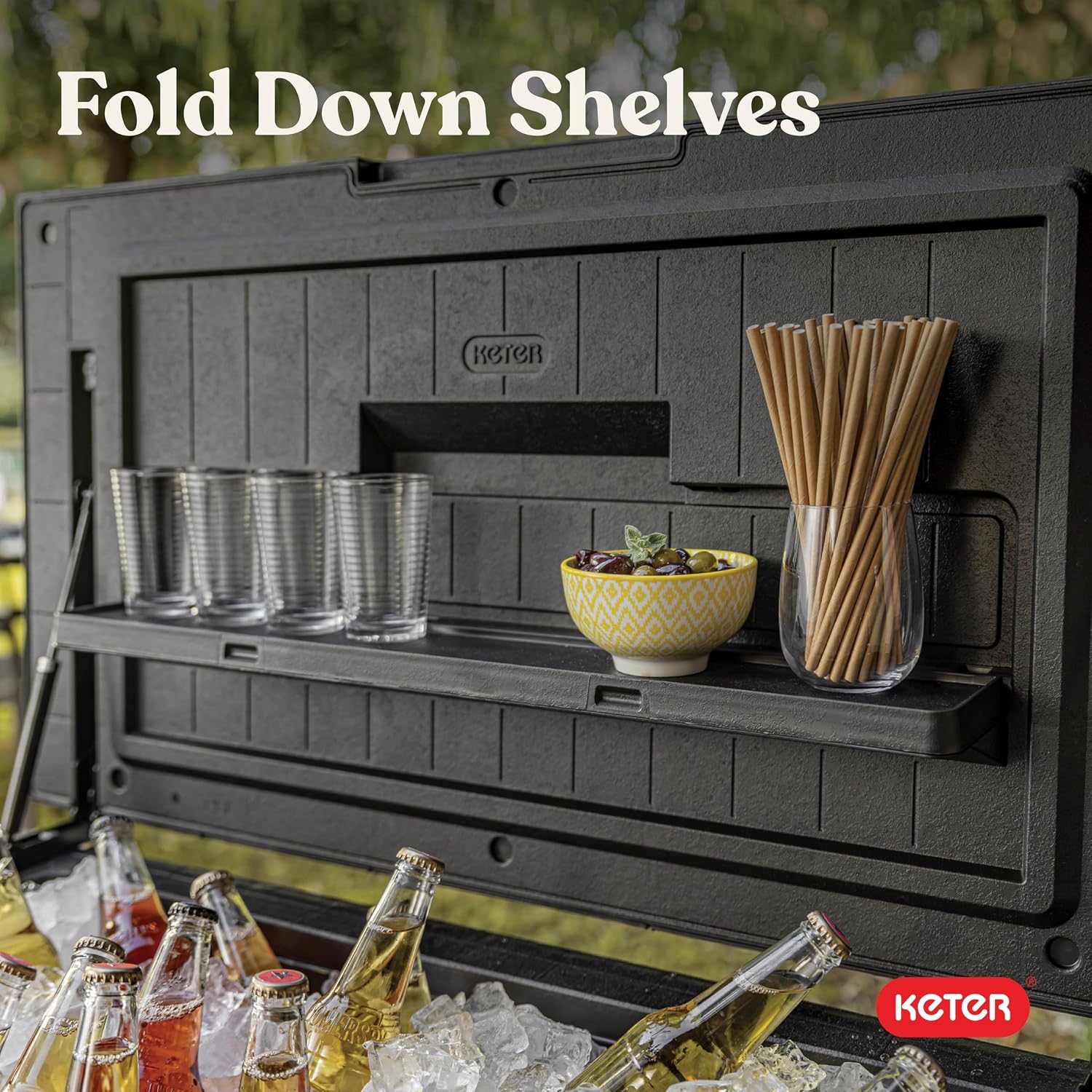 Keter 89.8 Qt Portable Outdoor Patio Cooling Chest, Ice Chest Beverage Party Bar Cart Table with Swivel Wheels, Shelves, and Bottle Opener, Graphite
