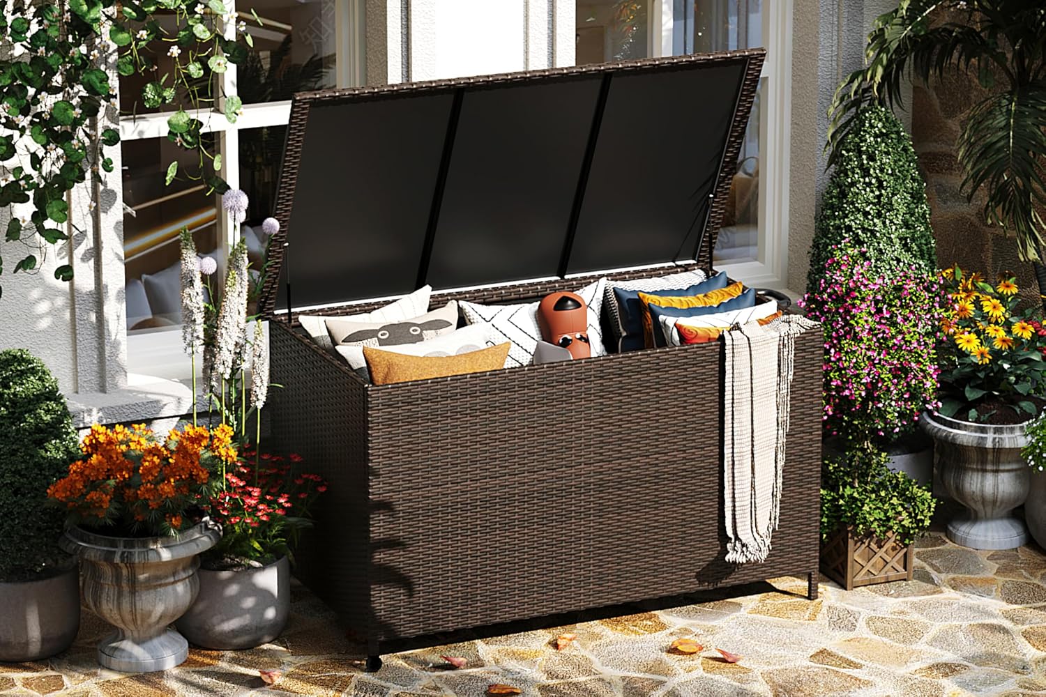 185 Gallon Outdoor Storage Box with Wheels - Large Wicker Rattan Deck Box for Patio Cushions, Garden Tools, Pool Floats & Pillows, All-Weather Patio Furniture Storage, Brown