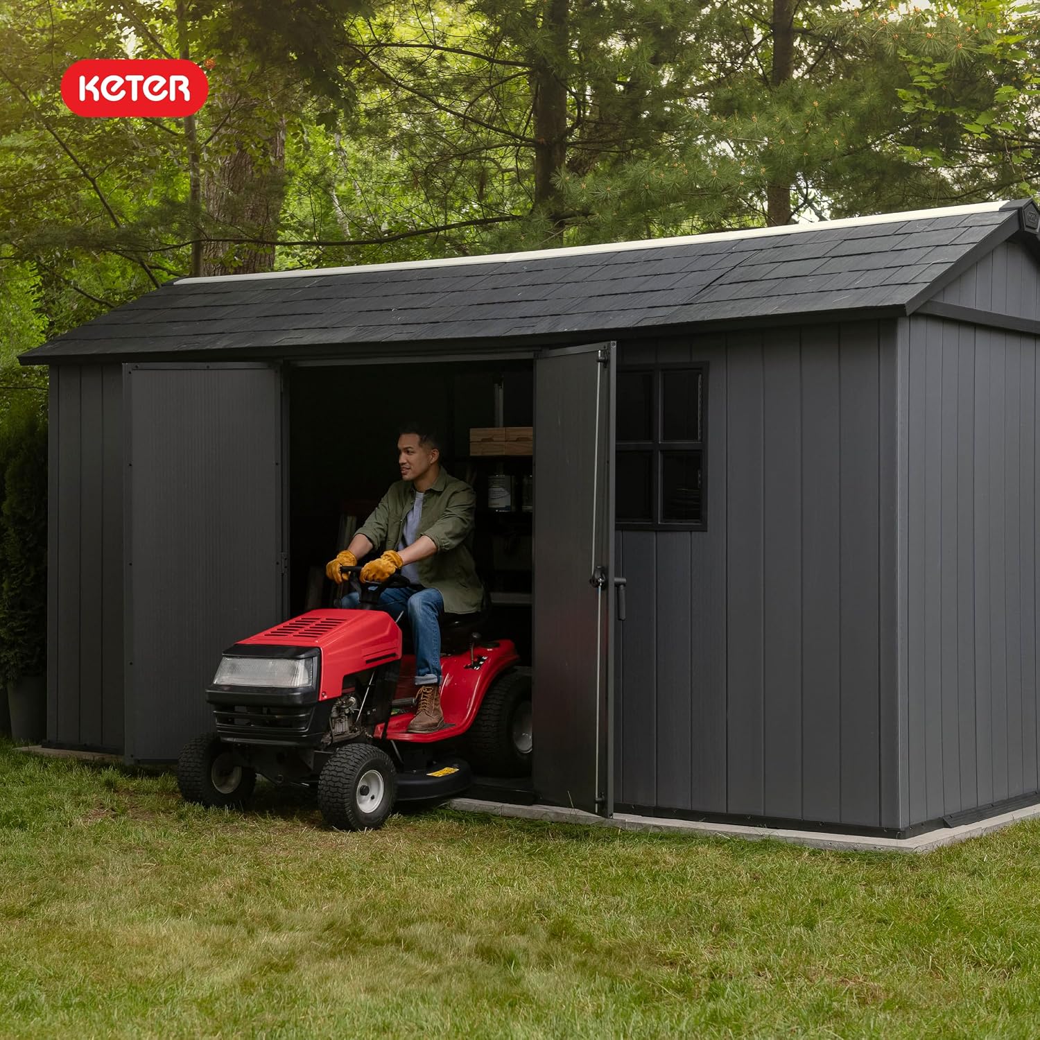 Keter Newton Plus 7.5x15 Ft All-Weather Storage Shed with Skylight, Window, Built-in Ventilation, Customizable Walls, & Lockable Double Doors, Graphite