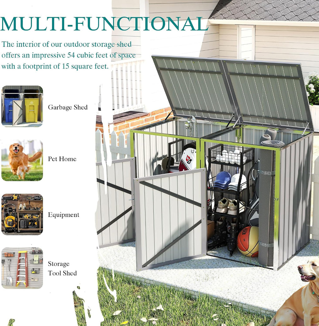 Outdoor Metal Garbage Bin Shed for 2 Trash Cans, Waterproof Galvanized Steel Double Trash Can Storage Shed with Hydraulic Lid, Lockable Door & Large Capacity for Garden Yard Patio, Light Gray