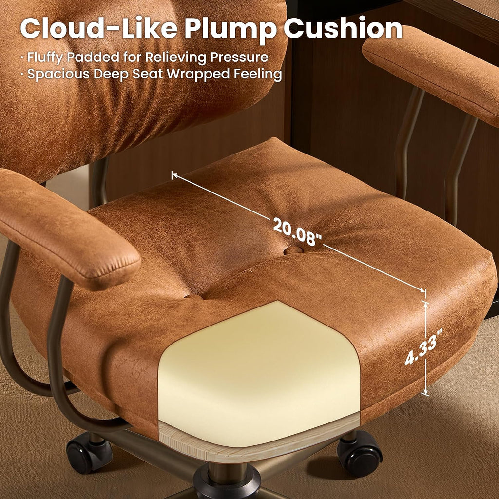 ovios Ergonomic Office Chair, Mid Back Faux Leather Executive Chairs with Thick Cushion, Comfy Mid-Century Modern Swivel Rolling Computer Armchair (Brown, Suede Leather)