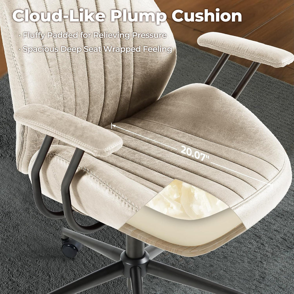 ovios Ergonomic Office Chair, High Back Faux Leather Executive Chairs with Armrests, Comfy Mid-Century Modern Swivel Rolling Computer Armchair (Beige, Suede Leather)