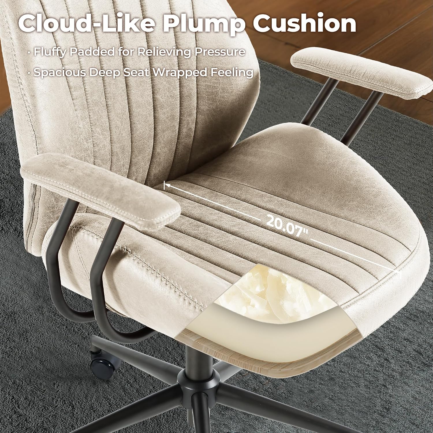 ovios Ergonomic Office Chair, High Back Faux Leather Executive Chairs with Armrests, Comfy Mid-Century Modern Swivel Rolling Computer Armchair (Beige, Suede Leather)