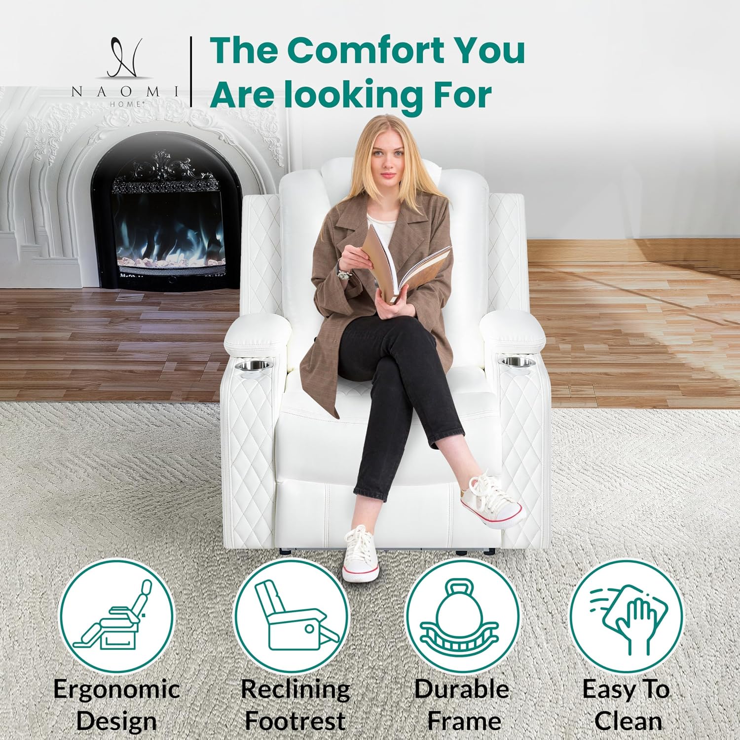 Naomi Home Chicago Power Recliner Chair with LED Lights, USB Charging Port, Adjustable Headrest, Cup Holders & Detachable Tray Tables, Faux Leather Home Theater Seating Recliner - White
