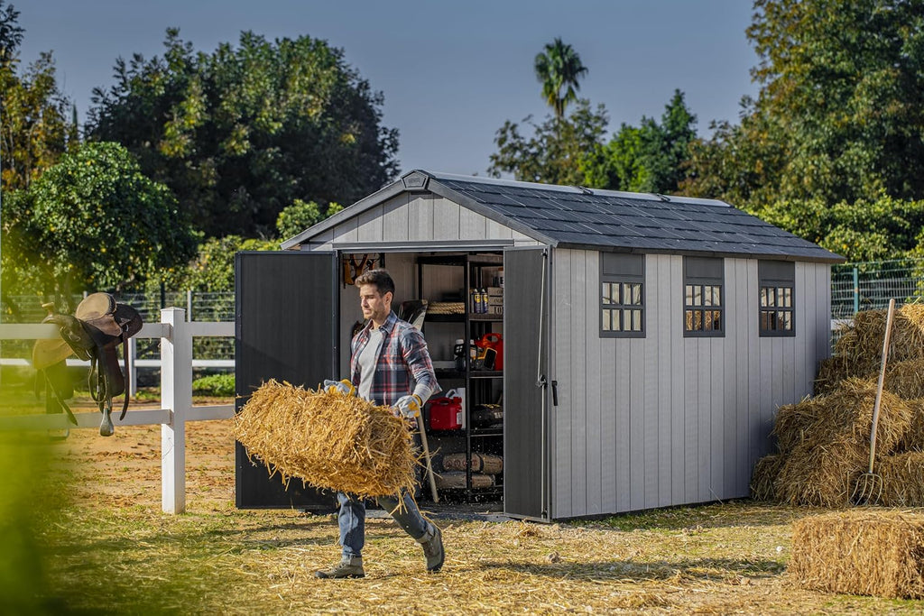 Keter Oakland Extension 7.5x15 Ft All-Weather Storage Shed with Skylight, Window, Built-in Ventilation, Customizable Walls, & Lockable Double Doors, Grey