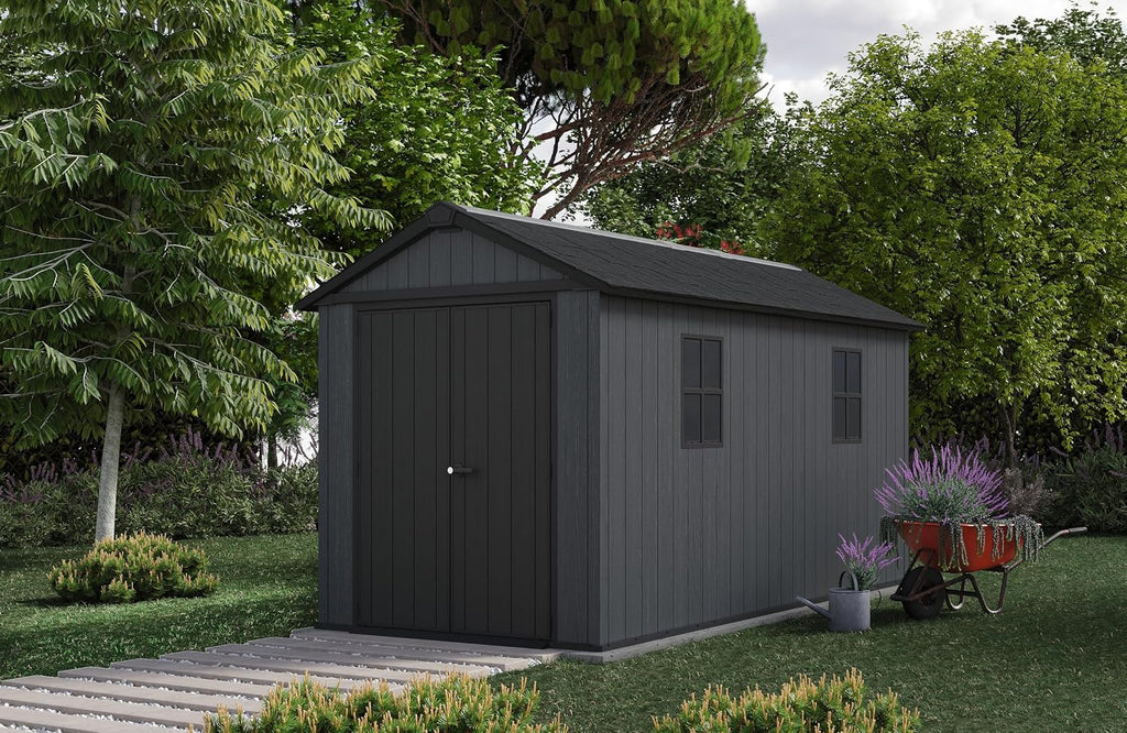 Keter Newton Plus 7.5x13 Ft All-Weather Storage Shed with Skylight, Window, Built-in Ventilation, Customizable Walls, & Lockable Double Doors, Graphite