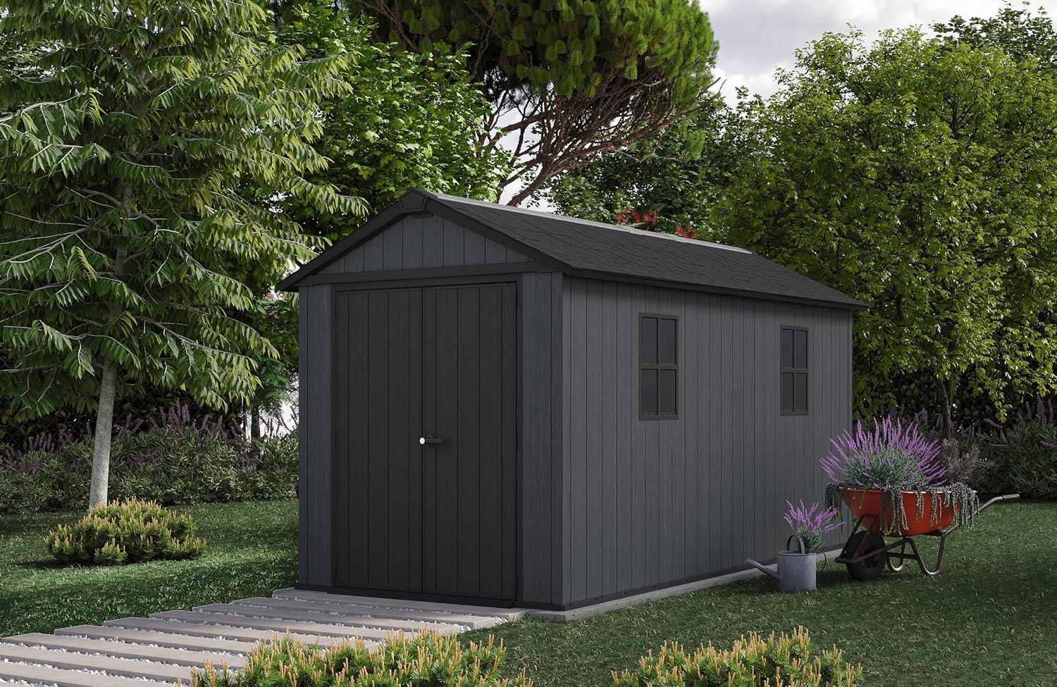 Keter Newton Plus 7.5x13 Ft All-Weather Storage Shed with Skylight, Window, Built-in Ventilation, Customizable Walls, & Lockable Double Doors, Graphite