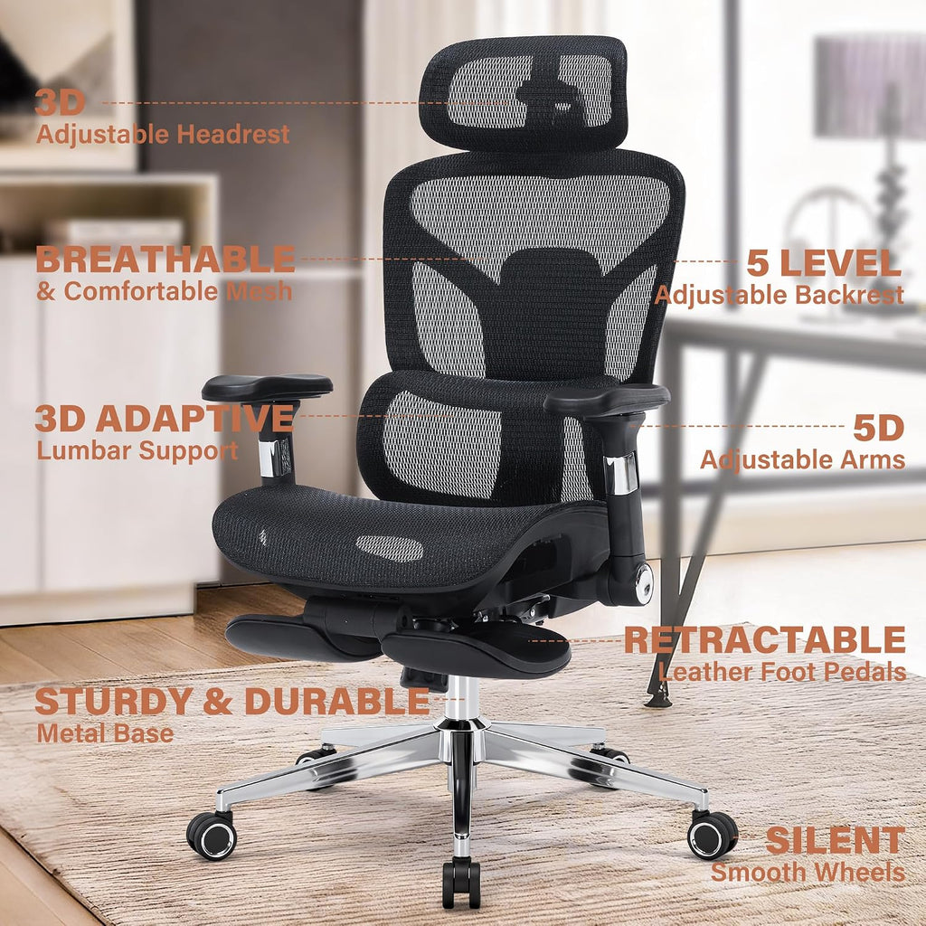High Back Mesh Ergonomic Office Chair with 3D Lumbar Support, Adjustable Headrest & Backrest, 5D Armrests, Footrest, Swivel Computer Desk Chair with Heavy Duty Metal Base, 400lbs Weight Capacity
