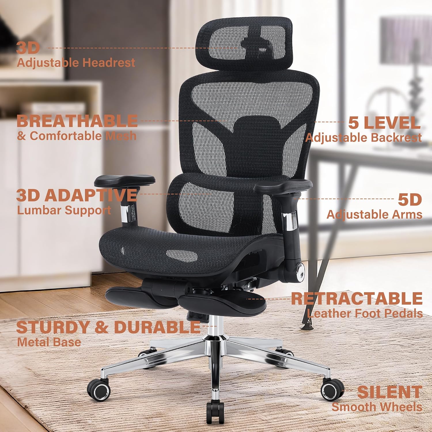 High Back Mesh Ergonomic Office Chair with 3D Lumbar Support, Adjustable Headrest & Backrest, 5D Armrests, Footrest, Swivel Computer Desk Chair with Heavy Duty Metal Base, 400lbs Weight Capacity