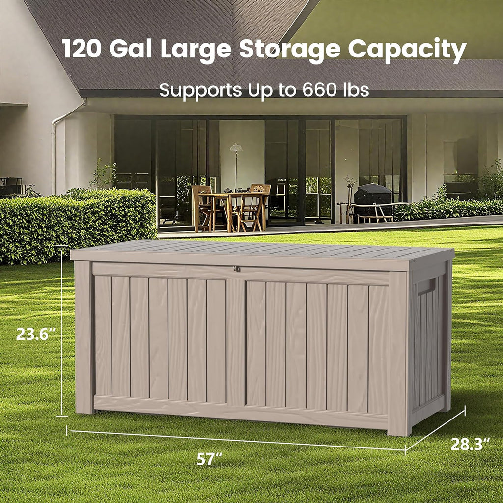 Zapdos Outdoor Storage Box, 120 Gallon Deck Box with Stainless Steel Rods, Waterproof Large Resin Storage Bin for Patio Cushions Garden Tools, Lockable Outside Storage Box, Grey