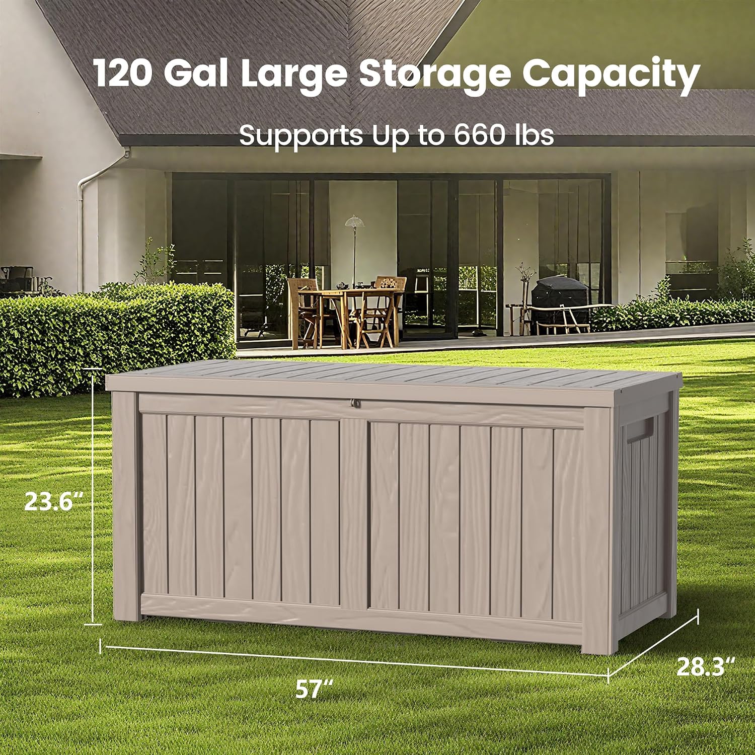 Zapdos Outdoor Storage Box, 120 Gallon Deck Box with Stainless Steel Rods, Waterproof Large Resin Storage Bin for Patio Cushions Garden Tools, Lockable Outside Storage Box, Grey