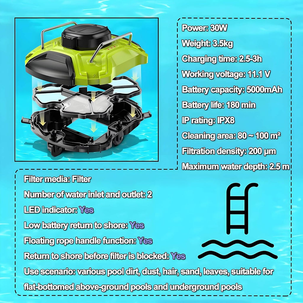 Pool Cleaning Machine, Fully Automatic Pool Cleaner Robot, Cordless Robotic Pool Vacuum Cleaner, Efficient Cleaning, Automatic Return, Automatically Dock, for Above Ground and In-Ground Pools